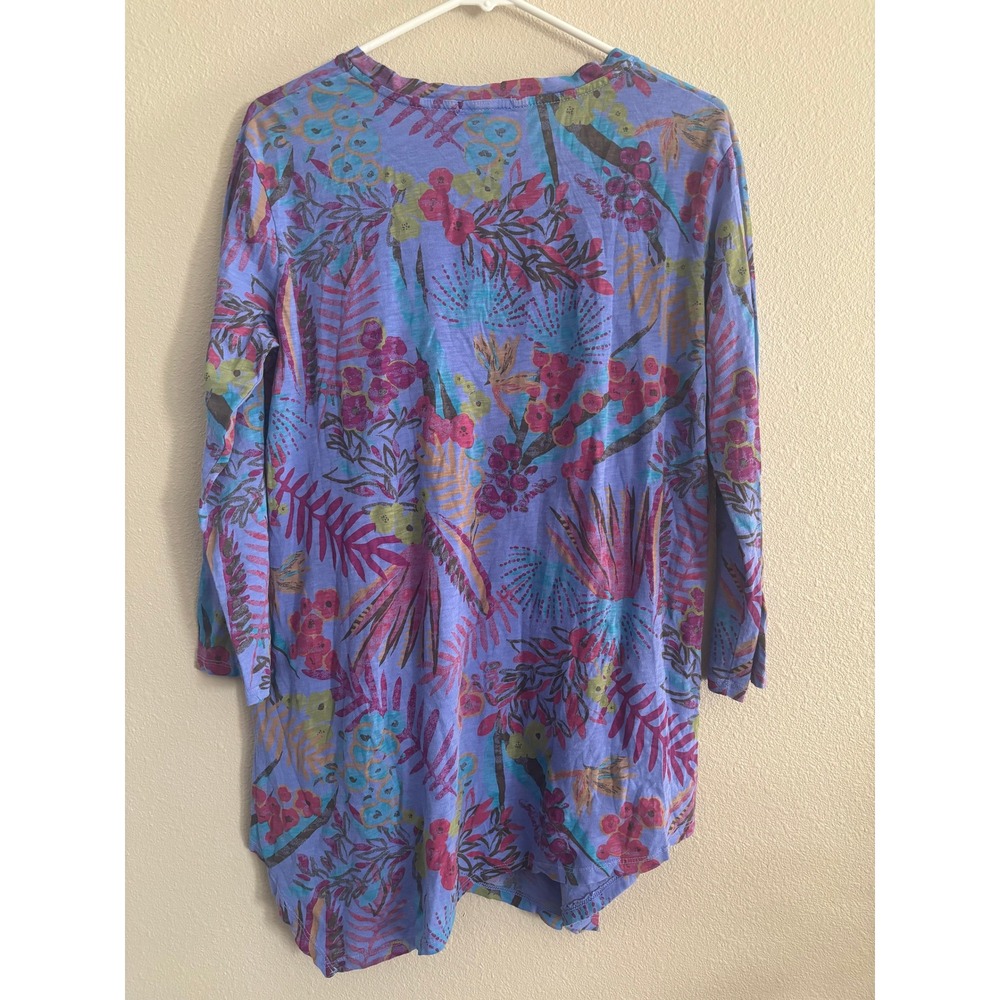 Fresh Produce Top Womens Size Medium Tunic 3/4‎ Sleeve Purple Floral Resortwear - Picture 2 of 4